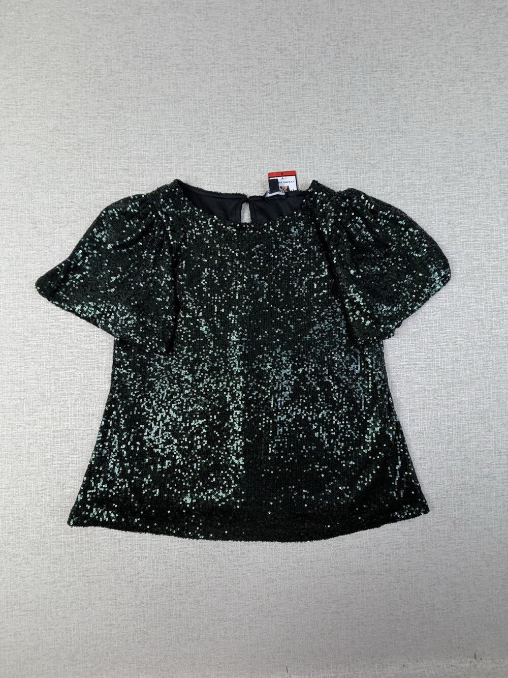 Hilary Radley Women’s M Green Sequin Puff Sleeve Party Blouse Top NWT